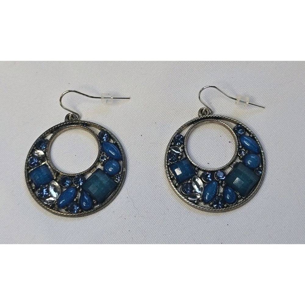Silver-Toned Circular Dangle Earrings Blue Mosaic Crystal & Rhinestone Accents